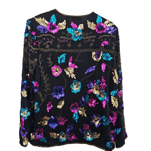 Vintage Silk Blazer Womens Sz Large Black Beaded 90s Floral Glam Elegant Evening - Picture 2 of 9